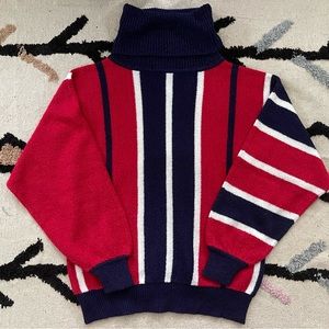 Vintage Sweater Striped Turtleneck Cowl Neck L Red White Blue